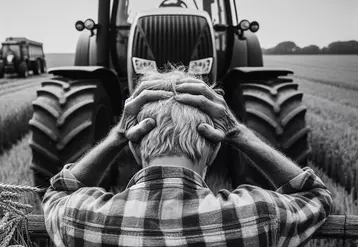 Agriculteur se prenant la tête dans les mains devant un tracteur