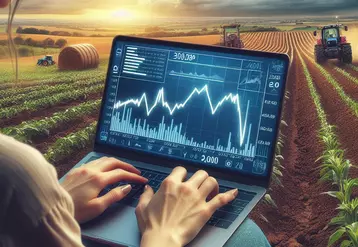Agricultrice regardant des courbes économiques devant ses champs