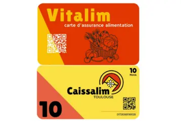 Montage photo des deux modes de paiement du projet Caissalim Toulouse. En haut la carte rouge Vitalim, en bas un ticket jaune Caissalim d'un montant de 10 MonA (soit 10€). 