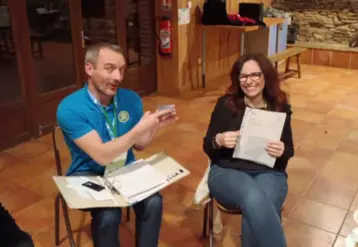 Christine Point-Garion et Denis Beauchamp assis dans une salle avec des papiers à la main. Denis cache ironiquement le code de carte de l'association avec son doigt, tandis que Christine sourit. 