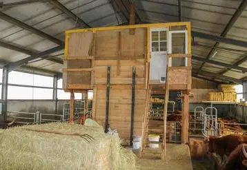 Local d’infirmerie en bois, suspendu en bout du couloir d’alimentation, dans le bâtiment d'élevage.