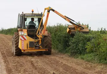 Machine entretenant une haie en bordure de parcelle agricole