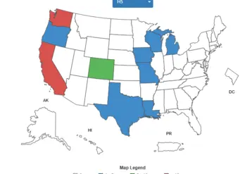 Carte des Etats-Unis représentant le nombre de cas humains de grippe H5 au 1er janvier 2025 (Blanc : 0 cas ; Bleu : de 1 à 5 cas ; Vert : de 6 à 10 cas ; Rouge : plus de 10 cas) : 