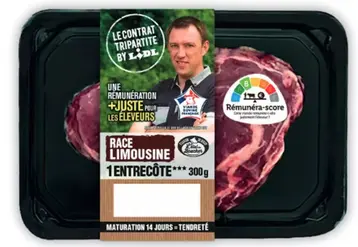 Barquette de viande avec photo de l'éleveur et rémunérascore
