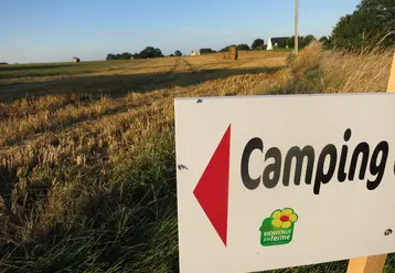 panneau avec la mention "camping" devant un champ