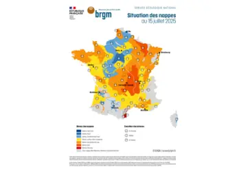 Carte de France hexagonale de la situation des nappes d'eau souterraine au 15 juillet 2025. Différentes couleurs représentent une situation très contrastée pour les nappes de l'Hexagone.