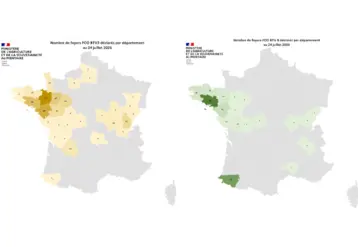 Cartes de France présentant le nombre de foyers de FCO 3 et de FCO 8 par département entre le 1er juin et le 24 juillet 2025. 