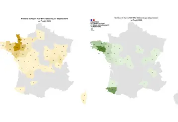 Cartes de France présentant le nombre de foyers de FCO 3 et de FCO 8 par département entre le 1er juin et le 7 août 2025. 