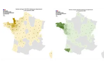 Cartes des foyers de FCO3 et FCO8 enregistrés entre le 1er juin et le 18 septembre 2025 en France