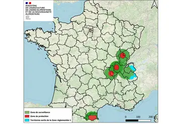 Carte de France symobilisant les 5 zones réglementées pour la DNC au 16 octobre 2025.