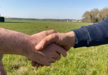 gros plan sur unepoignée de mains entre deux hommes dans un champ