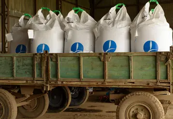 Sacs d’engrais sur une remorque sous un hangar agricole