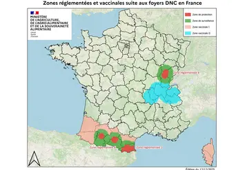 Cartes des zones réglementées et vaccinales liées à la dermatose nodulaire contagieuse bovine (DNC) en France au 13 décembre 2025.