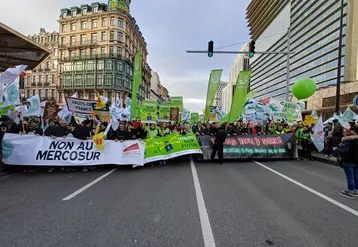 Des agriculteurs manifestant avec des banderoles contre l'accord UE-Mercosur dans les rues de Bruxelles