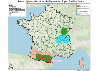 Carte des zones réglementées et vaccinales concernant la dermatose nodulaire contagieuse bovine (DNC) au 2 janvier 2026.