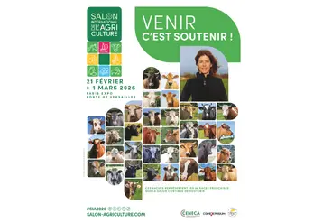 La nouvelle affiche du SIA 2026 avec l'ensemble des races bovines absentes du salon, et une photo d'une éleveuse. 