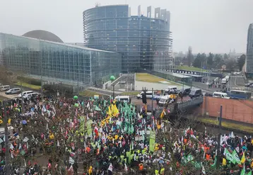 Agriculteurs rassemblés devant le Parlement européen à l’appel de la FNSEA, et des Jeunes agriculteurs et soutenu par le Copa-Cogeca ce 20 janvier.