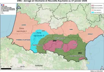 Carte des zones réglementées, vaccinales I et vaccinales II pour la DNC dans le Sud-Ouest de la France au 27 janvier 2026.
