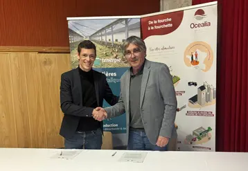 Stéphane Michaut, Directeur Développement Grands projets chez Tenergie, et Mathieu Staub, Directeur Général d’Océalia ont signé un accord pour le développement de projets agrivoltaïques chez les adhérents de la coopérative aquitaine.