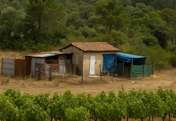 cabanes implantées sur un terrain avec des vignes au premier plan et des arbres en arrière plan