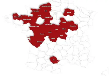 Carte de France des arrêtés de restrictions des travaux agricoles face aux risques d'incendies. Les départements soumis à des restrictions sont en rouge. 