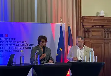 La ministre de l’Agriculture Annie Genevard et le président du Space Didier Lucas durant la conférence de presse ce 2 juin à Paris.