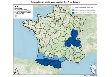 Carte de France des dates d'arrêt de la vaccination des bovins contre la dermatose nodulaire contagieuse bovine (DNC) pour les zones vaccinales I et II. 