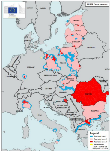 Représentation des zones réglementées de fièvre porcine africaine en Europe au 27/11/2024.