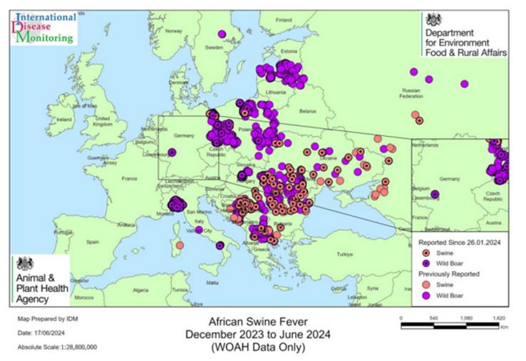 La peste porcine africaine dans le monde, de décembre 2023 à juin 2024. Source : IDM