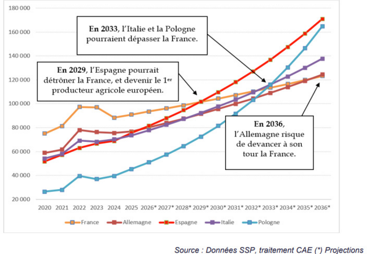 Projection à partir du taux moyen d'évolution de la production agricole observé entre 2019 et 2024