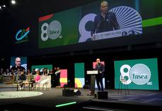 Congrès de la FNSEA à Caen le 2 avril. Discours d'Arnaud Rousseau, président de la FNSEA devant Annie Genevard, ministre de l'Agriculture, de l'Agroalimentaire et de la Souveraineté alimentaire, et Pierrick Horel président des Jeunes agriculteurs (JA).