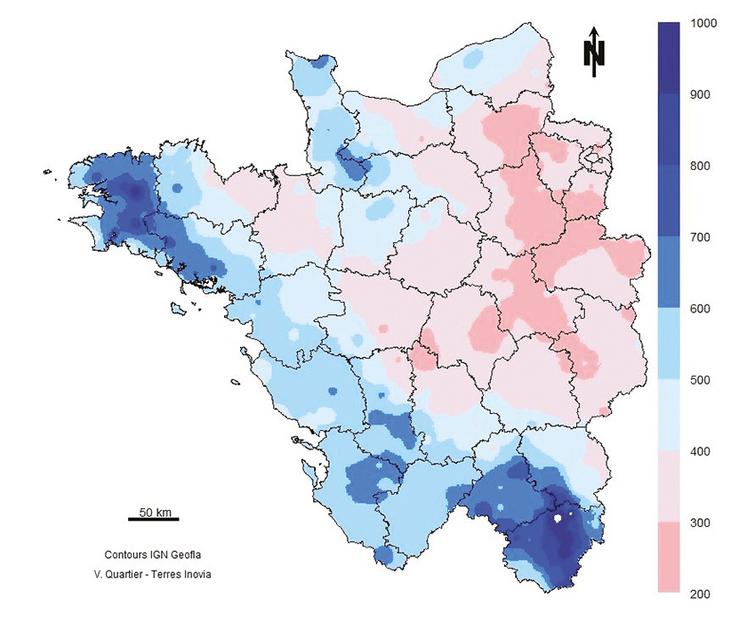 Cumul de pluie (mm) du 01/10/2023 au 31/01/2024.