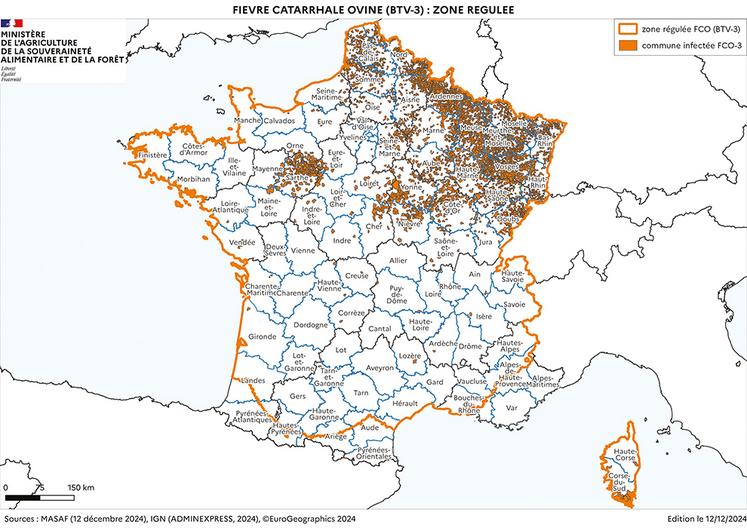 Zonage FCO-3 au 12/12/2024. Sources : Masaf (12 décembre 2024), ign (Adminexpress, 2024),