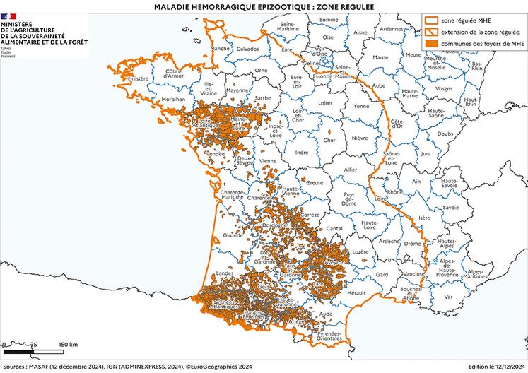 Zonage MHE au 12/12/2024. Sources : Masaf (12 décembre 2024), ign (Adminexpress, 2024).