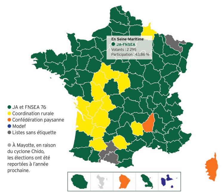 Résultats des élections aux Chambres d’agriculture par département du collège 1, chefs d’exploitation et assimilés.