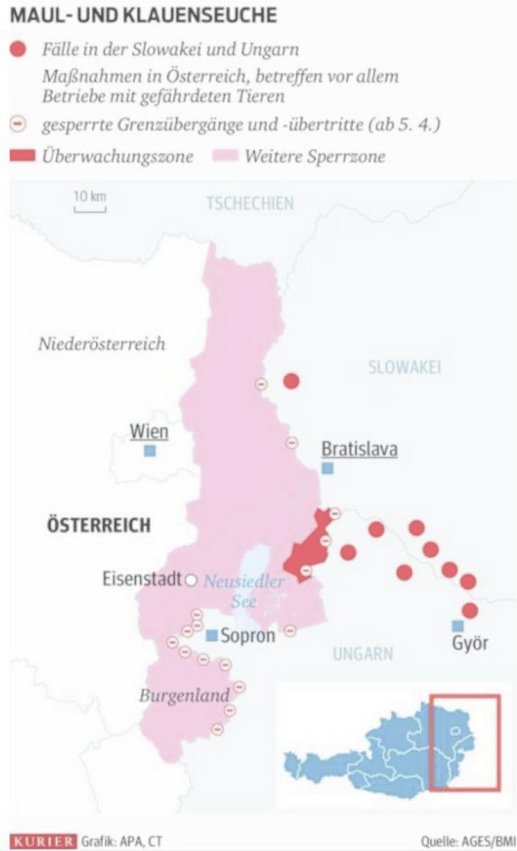 Répartition des foyers de fièvre aphteuse en Slovaquie et Hongrie (avril 2025).
