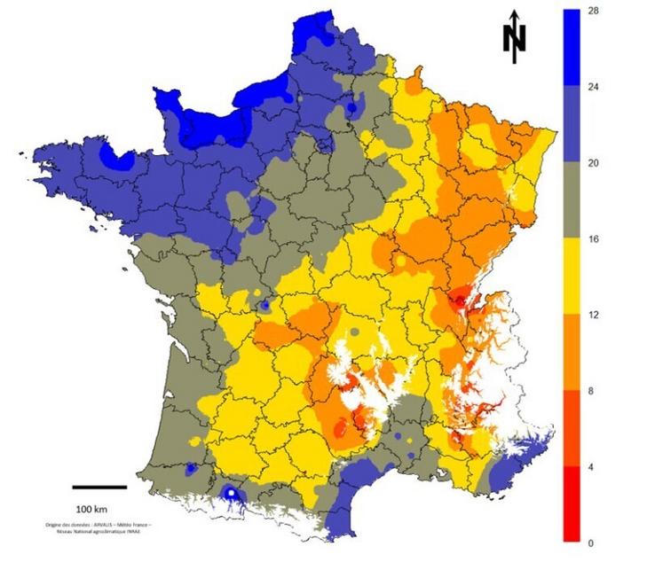 Figure 1 : écart (en nombre de jours) à la médiane olympique (4 ans) des dates prévisionnelles des premiers ensilages d'herbe.