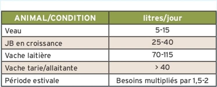 Tableau 1 : besoins hydriques des vaches.