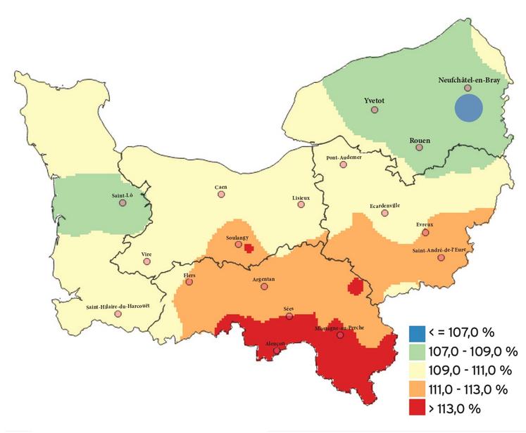 Écart de température entre le 01/06/25 et le 20/07/25 en pourcentages de la médiane 20 ans.