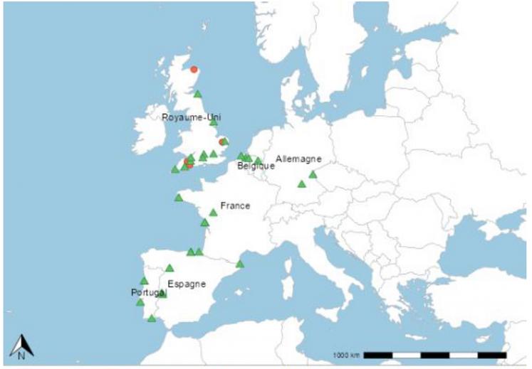 Localisation des cas ou foyers d’IAHP H5 en avifaune sauvage, chez les oiseaux captifs et chez les volailles, en Europe détectés dans le mois (quatre semaines glissantes) et la semaine précédant le 24/08/2025. 
