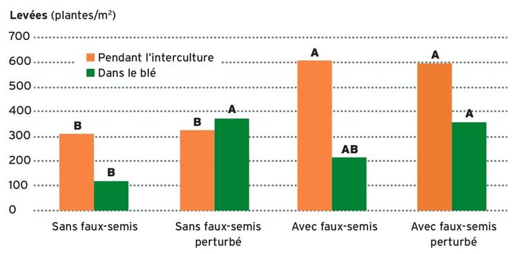 Figure 1.  Levées d'adventices et repousses du précédent pendant l'interculture et dans la culture de printemps suivante en fonction de la gestion de l'interculture et du semis.