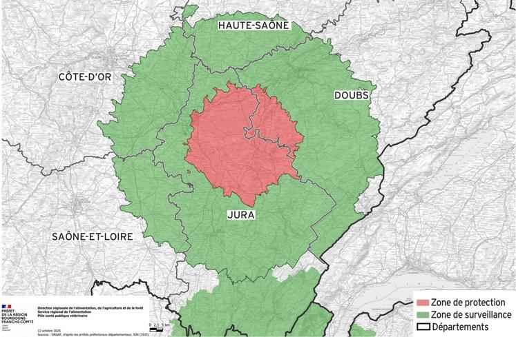 Zones réglementées suite à une déclaration d'infection de dermatose nodulaire contagieuse bovine.