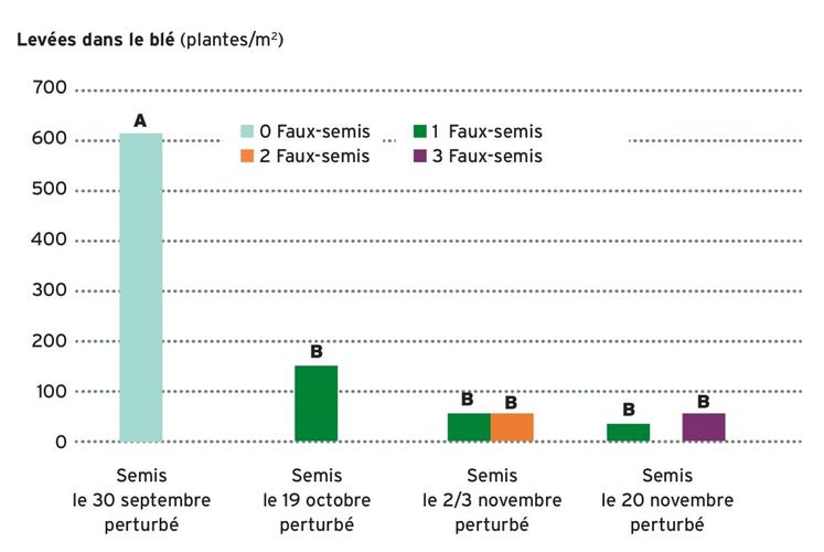 Figure 2. Levées de vulpin dans le blé en fonction de la date de semis de la culture et du nombre de faux-semis qui précèdent.