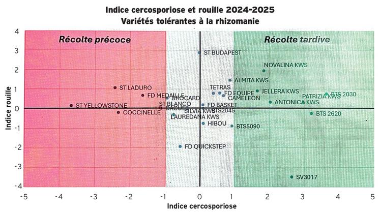 Sur le graphique, les variétés avec un indice à - 1, sensibles à très sensibles, sont à récolter précocement, en septembre. Les variétés situées entre - 1 et 1 sont à récolter jusqu'au mois d'octobre, voire tout début novembre. Les variétés dont l'indice est supérieur à 1 peuvent être récoltées au-delà de début novembre.