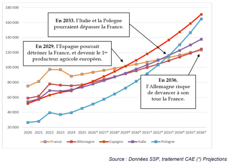 Projection à partir du taux moyen d'évolution de la production agricole observé entre 2019 et 2024