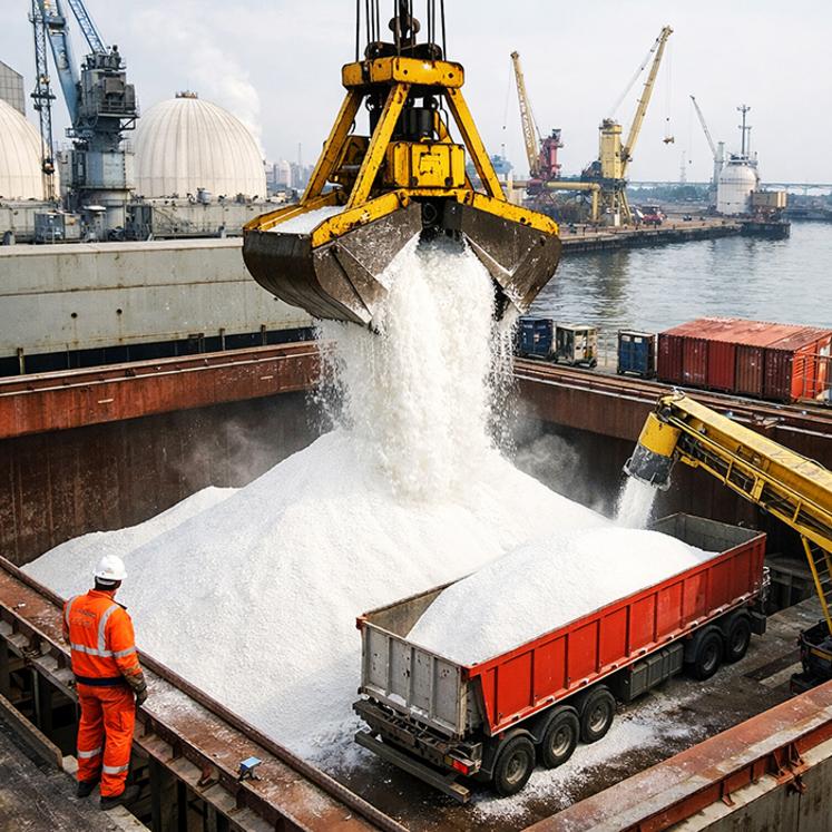Déchargement d'ammonitrate par cargo.