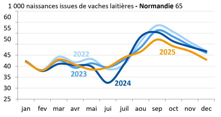 Évolution mensuelle du nombre de naissances issues de vaches laitières.