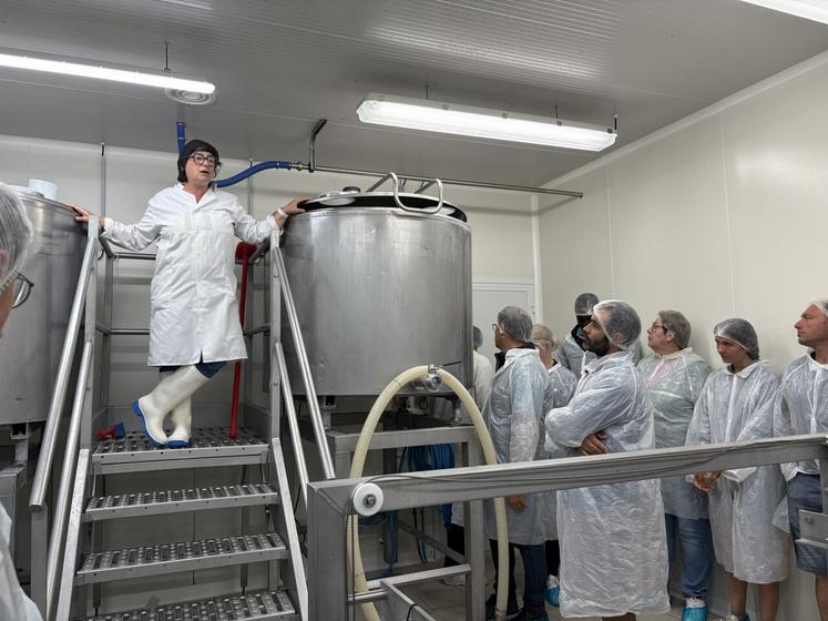 Échanges des producteurs transformateurs de produits laitiers sur les conditions de travail autour du laboratoire du Gaec Genty à Richemont. Le Gaec a installé ses cuves en hauteur pour profiter de la gravité afin de déplacer le lait vers l'étape d'égouttage.