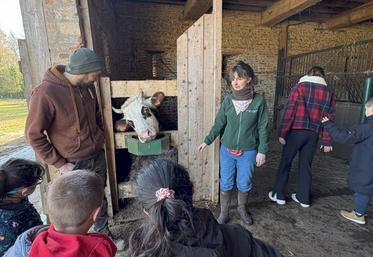 Les enfants de l'Institut médico-éducatif de Chatou (Yvelines) découvrent qui leur donnera du lait pour faire des caramels.