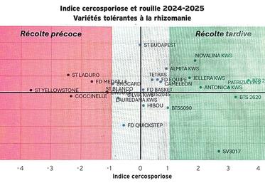 Sur le graphique, les variétés avec un indice à - 1, sensibles à très sensibles, sont à récolter précocement, en septembre. Les variétés situées entre - 1 et 1 sont à récolter jusqu'au mois d'octobre, voire tout début novembre. Les variétés dont l'indice est supérieur à 1 peuvent être récoltées au-delà de début novembre.